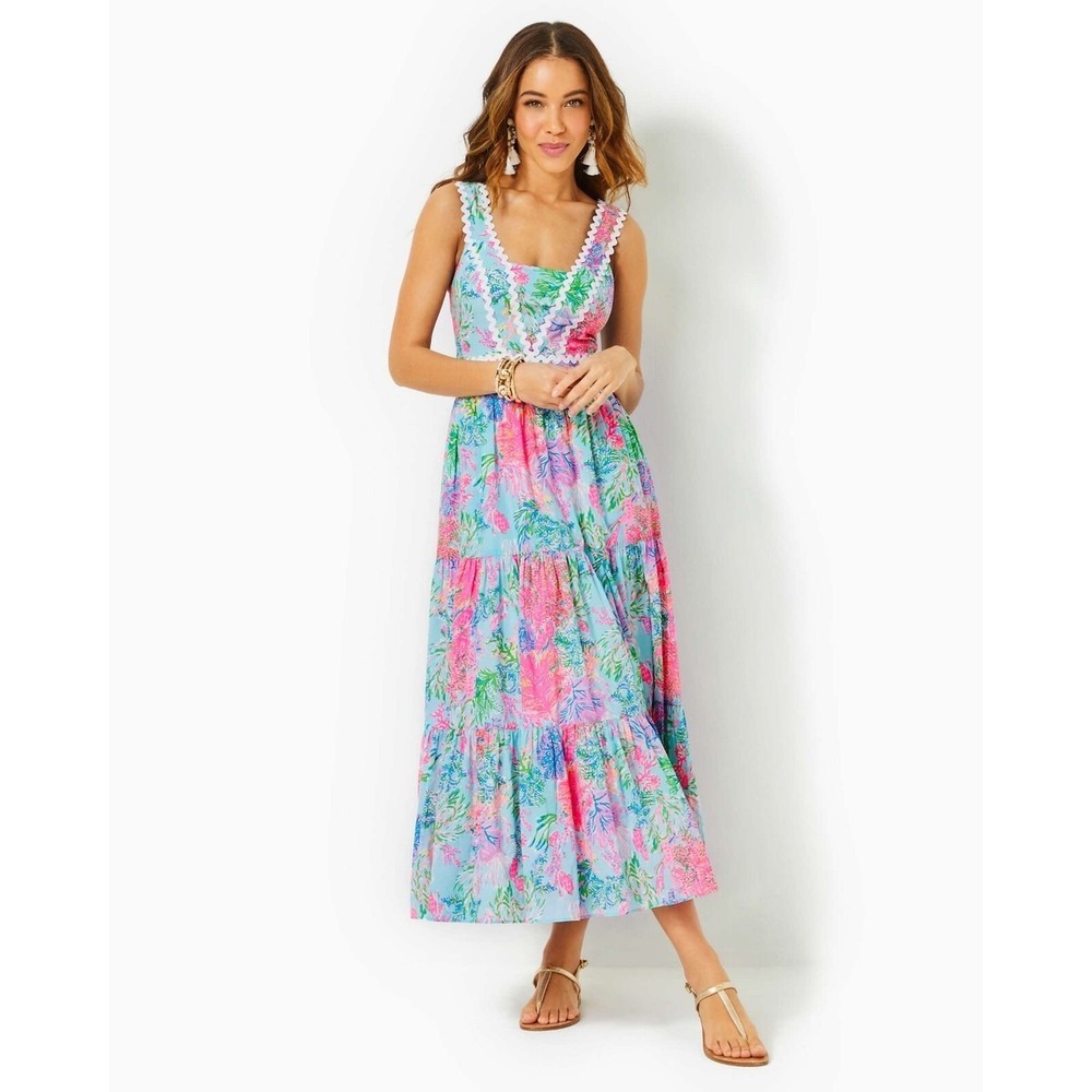 Lilly Pulitzer Pollie Maxi Dress Cay to My Heart Blue Pink Floral Ric Rac Sz 6‎